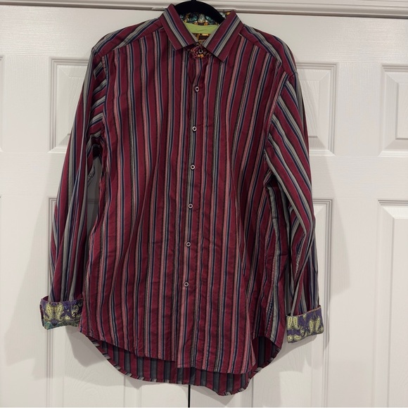 Robert Graham Men’s Striped Embroidered Paisley Contrasting Flip Cuff Shirt L - Picture 2 of 13
